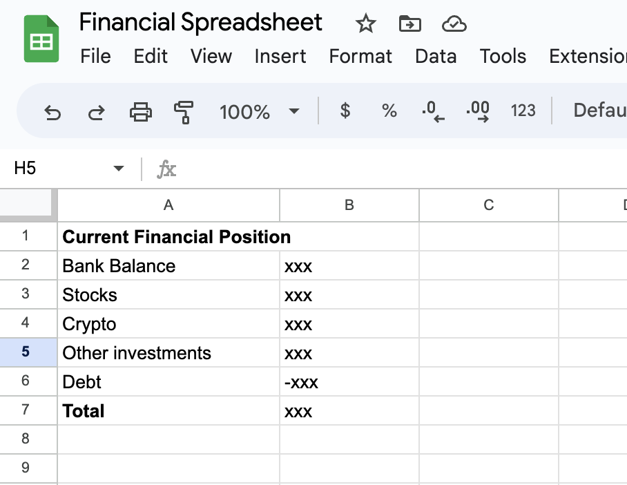 google sheets basic financial position